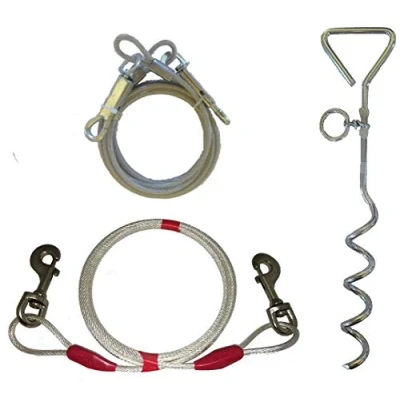 Image of Set of 10ft (3m) &amp; 6ft (1.8m) Dog Tie Out Cables with 16&quot; Spiral Ground Stake Spike