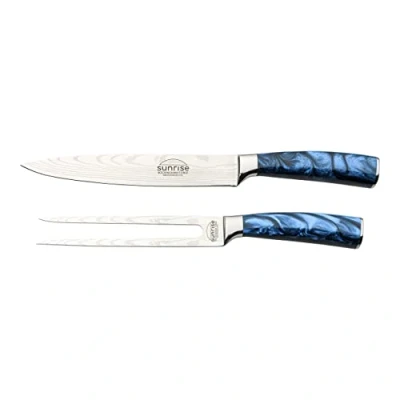 Image of Rockingham Forge Sunrise Collection Carving Knife and Fork Set, Premium Stainless Steel with Resin Handles, Blue RF 2120/2BL