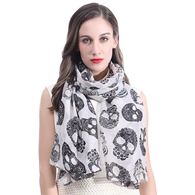 Image of Lina &amp; Lily Candy Skull Print Women&#039;s Large Scarf (White)(Size: 180 X 90 cm)