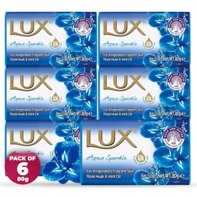 Image of LUX Blue Aqua Beauty Soap Bar Indulgent Skincare for Face, Hands &amp; Body Enriched Smooth, Radiant Skin Gentle Daily Bath Shower w/Fresh Fragrance Men Women 80g x 6