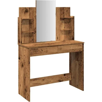 Image of vidaXL Dressing Table/Vanity with Mirror Engineered Wood in Old Finish, 96x39x142 cm, Bedroom Furniture Ample Storage, Modern Style Makeup Desk