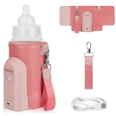 Image of Lionelo Thermup Go Evo Advanced Portable Bottle Warmer with USB C 9hr Battery LCD Display 5 Temperature Settings 38 50C Fits 50 80mm Bottles, Car Charger Compatible, Safety Control (Coral Pink, EVO)