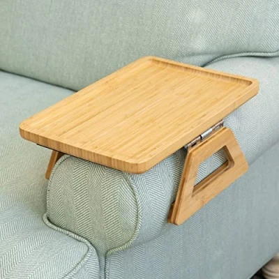 Image of Shamrock Home Bamboo Couch Arm Table, Sofa Table for Couches. Tray, Armchair Tray TV Dinners, Remotes, Drinks and Snacks 13.75 x 9.5in, Beige