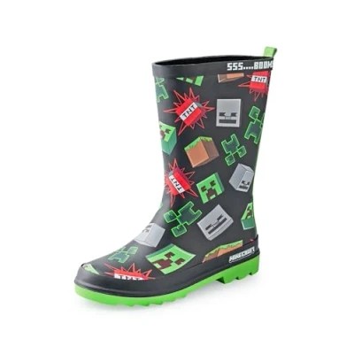 Image of Minecraft Boys Wellington Boots Kids Wellies with Creeper &amp; Skeleton Character Face and TNT Block Graphic Print in Black Water Resistant Rubber for Children Mojang Game Merchandise Gift