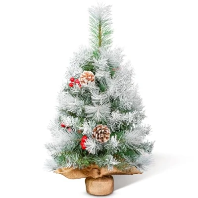Image of AGM Mini Christmas Tree 2ft, 60cm Frosted Tabletop with Red Berries and Pinecones, for Home Kitchen Dining Table Decor