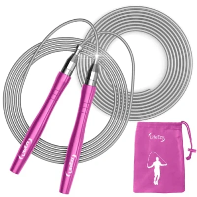 Image of Jump Rope, High Speed Weighted Rope Premium Quality Tangle Free Self Locking Screw Design Ropes for Fitness Skipping Workout Fitness, Crossfit &amp; Home Exercises (Pink)