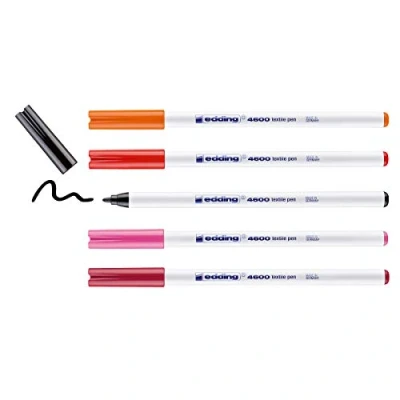 Image of edding 4600 textile pen black, red, orange, pink, carmine red set of 5 round nib 1 mm permanent fabric pens for drawing on textiles, wash resistant up to 60 C