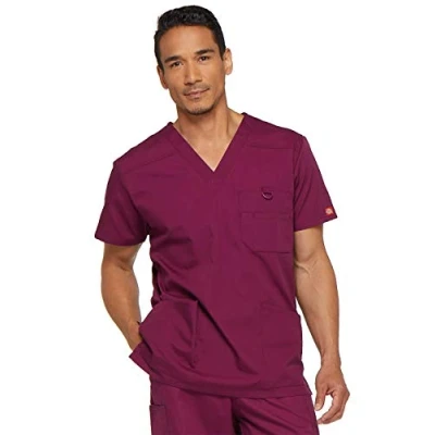 Image of Dickies Men&#039;s Big &amp; Tall V Neck Scrub Double Chest Pocket Top, Wine, XXL