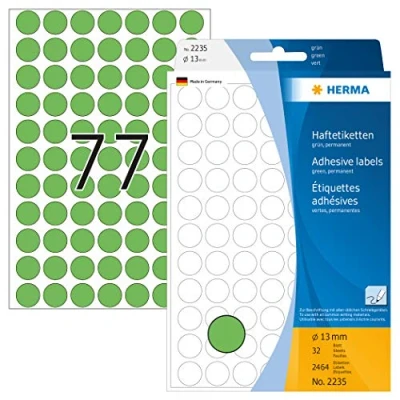 Image of HERMA Dot Stickers Green, 2464 Labels, Ø 13 mm, 77 Labels per Sheet, Self Adhesive Round Colour Stickers, Blank Marking Dots, Sticky Circle for Color Coding Calendar