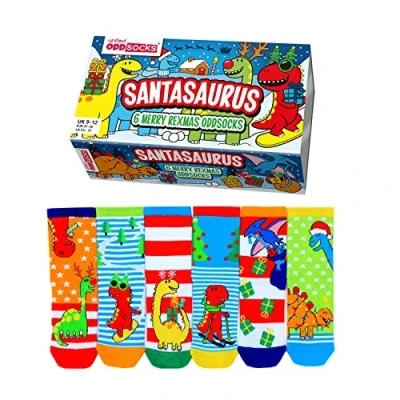 Image of United Oddsocks Pack of 6 Mix &amp; Match Kids Socks, Novelty Socks for 4 years old, Size UK 9 12 (EU 27 30) (UK, Age, One Size, Santasaurus)