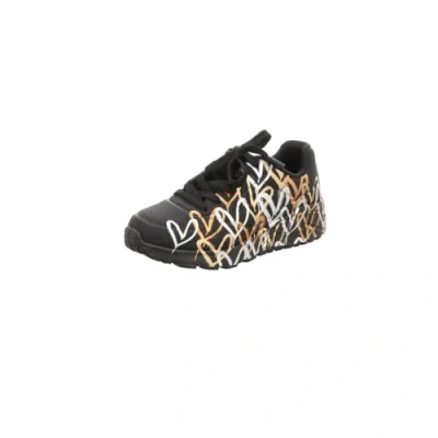 Image of Skechers Girls Uno Lite Metallic Love Sneaker, Black Gold, 3 UK