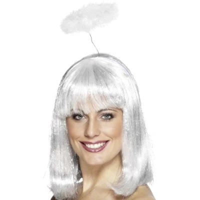 Image of Smiffys Angel Halo, White Marabou, Fairytale, Wings and Wands Fancy Dress, Dress Up Accessories