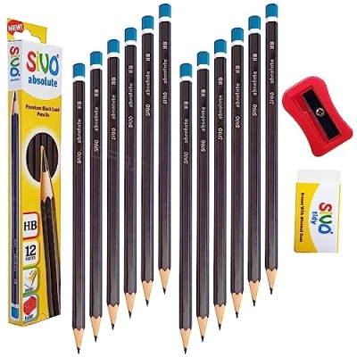 Image of ZOFAX NatSivo HB Wooden Hexa Pencils, Pack of 12, Pencils Sharpener Eraser Pack, For School Classroom Office Teacher Supplies, iZOFAX Black Ball Pen