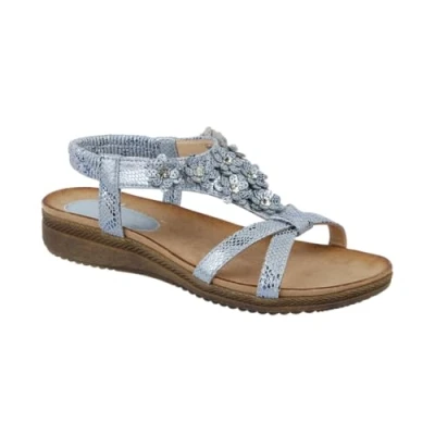 Image of Jo &amp; Joe Ladies Flower Diamante T Bar Low Wedge Slingback Sandals (Blue Metallic, UK Footwear Size System, Adult, Women, Numeric, Medium, 7)