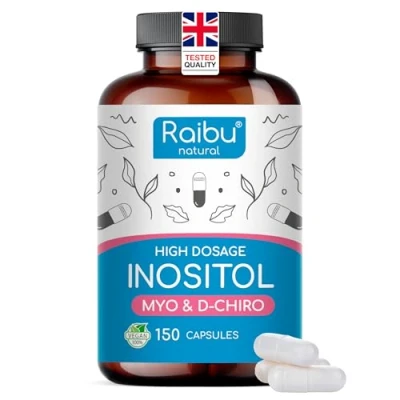 Image of Myo Inostiol &amp; D Chiro Inositol Supplement 150 Capsules PCOS Hormonal Balance Support Enriched with Folic Acid, Vitamin B6 Chromium High Strength Vegan from Raibu