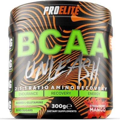Image of BCAA 211 Powder 300g Branched Chain Amino Acids BCAAs 2:1:1 Supplement Intra Workout, Recovery with L Leucine, Isoleucine, Valine, Glutamine Vegan by PROELITE (300g, Strawberry Mango)