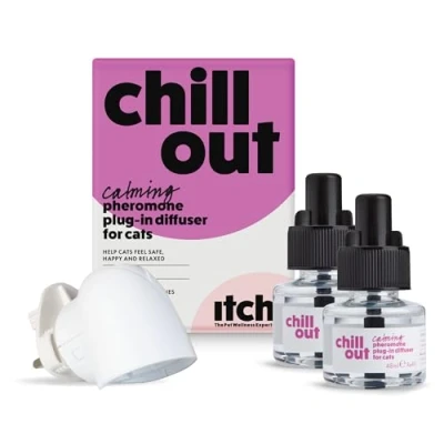 Image of Itch Chill Out Starter Kit and Refills Calming Pheromones Plug in Diffuser x2 30 Day Anxiety Stress Relief for Cats