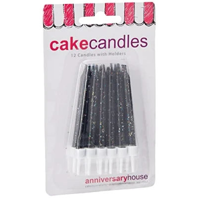 Image of Anniversary House Pack of 12 Black Glitter Birthday Candles with Holders, 7.5 Centimeters, Celebration Cake Decoration, AHC151