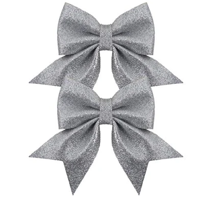 Image of Widdle Gifts 2 Pack Christmas Tree Bows 12cm Glitter Bow Decoration (Silver 7984)