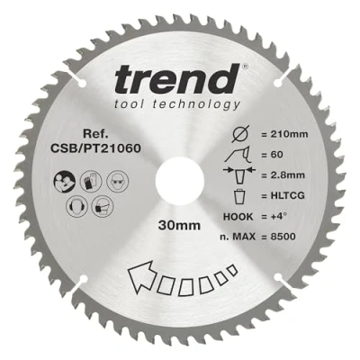 Image of Trend Laminate &amp; HPL Circular Saw Blade, 210mm Diameter, 30mm Bore, 60 Teeth, TCT, 2.4mm Kerf, +4 Hook, CSB/PT21060