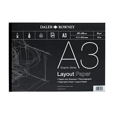 Image of Daler Rowney Graphic Series 45gsm A3 Layout Paper Pad Glued 1 Side, 80 White Sheets, Ideal for Professional Artists &amp; Students