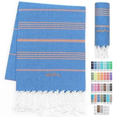 Image of LeStoff Turkish Hammam Towel Quick Drying &amp; Lightweight Peshtemal for Beach, Sauna, Bath, Travel, Yoga Camping Sand Proof Blanket 100% Organic Cotton Eco Friendly (95 x 180 cm, Sky Blue Orange)