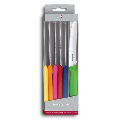 Image of Victorinox Swiss Classic Tomato and Table Knife, Set of 6, Extra Sharp, Wavy Edge, 11 cm, Stainless Steel, Multicolored