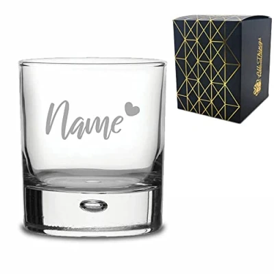 Image of Personalised Engraved Bubble Whisky Glass Tumbler with Name and Heart Design, Gift Boxed, Personalise Any