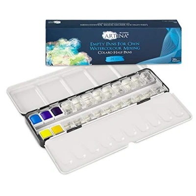 Image of Artina Watercolour Palette with 24 Half Pans Colaro Refillable Paint Box for Mixing 24x Empty Water Colours in Foldable Metal Case Incl. Brush Pen