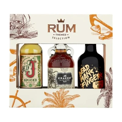 Image of RUM Trio Gift Set (3x5cl). Contains CAPTAIN MORGAN ORIGINAL SPICED GOLD Alc 35% Vol, THE KRAKEN BLACK 40% Vol. HAVANA CLUB ANEJO ESPECIAL