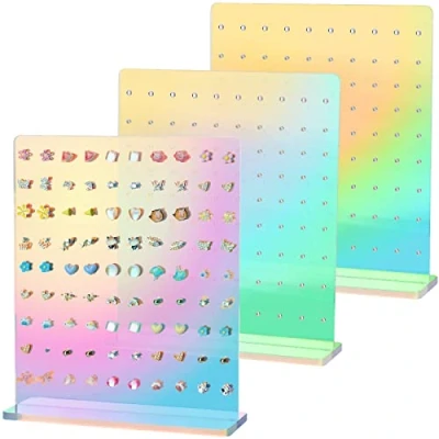 Image of NiHome Iridescent Earrings Holder Display 90 Holes Rainbow Ear Studs Jewelry Show Rack Set of 3 Stand Organizer Acrylic Earring for Girl Women