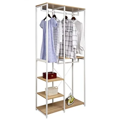 Image of eSituro Heavy Duty Adjustable Clothes Rail, Double Rod Garment Rack,Wooden Coat Stand Clothings Wadrobe Organizer, 5 Tiers Metal Storage Shoe Rack Cabinet Shelves Shelving Unit, White