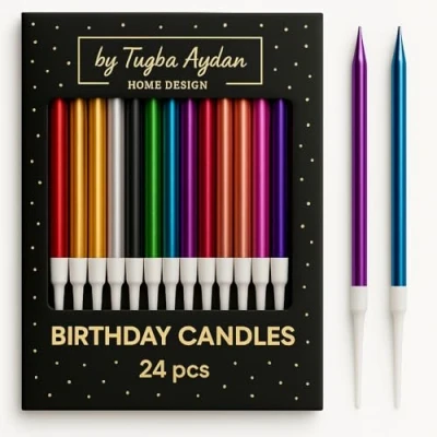 Image of by Tugba Aydan 24 Count Long Thin Rainbow Birthday Candles, Metallic Cake Candle for Birthday, Party Candles