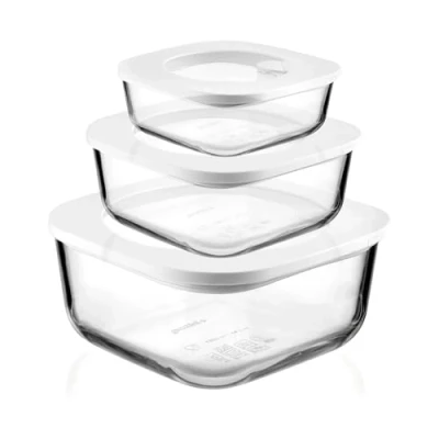 Image of Guzzini Kitchen Active Design, STORE&amp;MORE GLASS Set of 3 Leak proof Fridge/Freezer/Microwave Containers Transparent, 19,5x19,5xh9,3 cm 410/965/1900 cc 11330311
