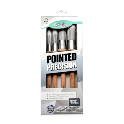 Image of Axus Decor Pointed Precision Brush (Grey Color) Set Of 4 (12, 15, 20, 25mm) For All Sash Windows, Architraves &amp; Mouldings, Smooth Finish, Eco friendly Bamboo Handles, Anti Rust Stainless Steel