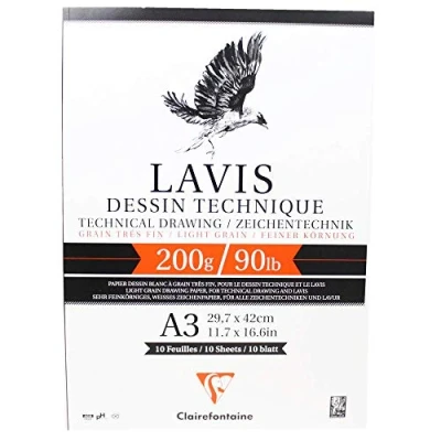 Image of Clairefontaine Ref 96342C Lavis Dessin Technique Drawing Pad (10 Sheets) A3 (420 x 297mm) Size, 200gsm Paper, Smooth Surface with Light Grain, Acid Free, pH Neutral