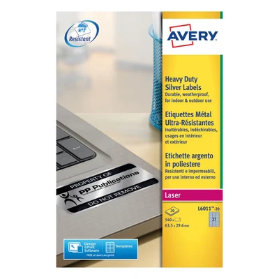 Image of Avery L6011 20 ( 63.5 x 29.6mm) Extra Strong Adhesive Silver Heavy Duty Labels, 27 Labels Per A4 Sheet