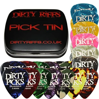 Image of Dirty Riffs 12 x Picks Premium Celluloid Guitar Picks/Plectrums In A Handy Pick Tin 4 Of Each Thin, Medium And Heavy (24 Thin 0.46mm)