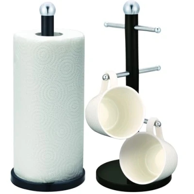 Image of Royal Cuisine set of Stainless Steel Coffee Tea Mug Tree and Kitchen Roll Holder Hanger Stand Paper Towel Cup with 6 Hooks Holders Kitchenware