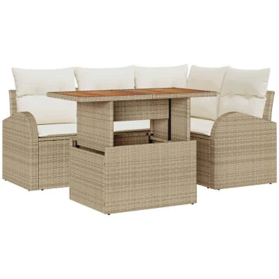 Image of vidaXL 5 Piece Garden Dining Set with Cushions Beige Poly Rattan Acacia