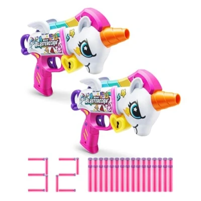 Image of XShot Blastercorn, Unicorn Blaster, (2 Blasters, 32 Darts), Air Pocket Technology Darts and Dart Storage, Outdoor Toy for Boys Girls, Teens Adults, Brown Box, Darts)
