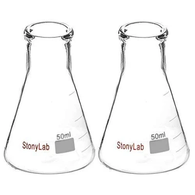 Image of StonyLab 2 Pack Glass 50ml Heavy Wall Narrow Mouth Erlenmeyer Flasks with Duty Rim (50ml Fits 4# Rubber Stopper)