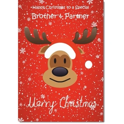Image of doodlecards Brother and Partner Christmas Card Rudolph on Red Background Medium Size for &amp; with Plain Envelope