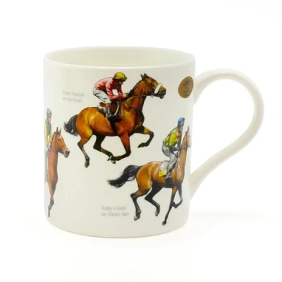 Image of The Leonardo Collection Winning Post Fine China Windsor Mug,Horse Racing Design, Famous Horses &amp; Jockeys Perfect Cup for Fans of Horse Racing, White