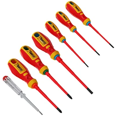 Image of 7 x SabreCut SCVDE07A Fully Insulated SlimDrive Electricians VDE Screwdrivers Set with Ergonomic Soft Grip Heavy Duty Handles Slotted SL3.0 SL3.5 SL4.0 SL5.5 Phillips PH2 Pozidriv PZ2 &amp; Tester
