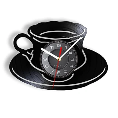 Image of Smotly Vinyl wall clock, LED night light function coffee cup themed is a clock gift for lover friends. (Black)