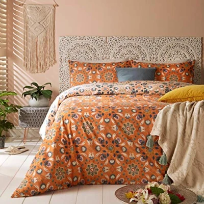Image of furn. Folk Flora Duvet Cover Set Orange Cotton Size Double