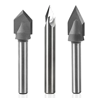 Image of POWERTEC 3 Piece V Groove Router Bit Set (2) 60 Degree (1/4&quot; &amp; 1/2&quot; Cutting Dia) 90 (1/2&quot; 1/4 Shank Woodworking Bits for use on CNC and Tool Wood PVC (73031)