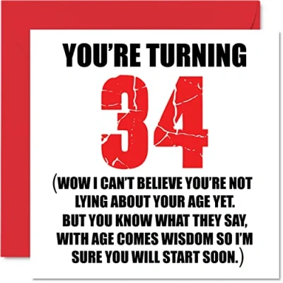 Image of Funny 34th Birthday Cards for Men Woman Start Lying Fun Card Dad Mum Son Daughter Brother Sister Uncle Auntie Cousin, 145mm x Rude Joke Humour Greeting