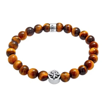 Image of Kuzzoi Buddha Men&#039;s Bracelet Made of 925 Sterling Silver, Natural Stone Bracelet, Tiger Eye with Silver Beads, Maritime Wind Rose Compass Symbol, Elastic, Length 19 cm